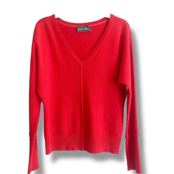 MICHAEL STARS X-TRA FINE WOOL/CASHMERE SWEATER Red V-Neck Seamed w Polo Sleeves - Picture 10 of 11